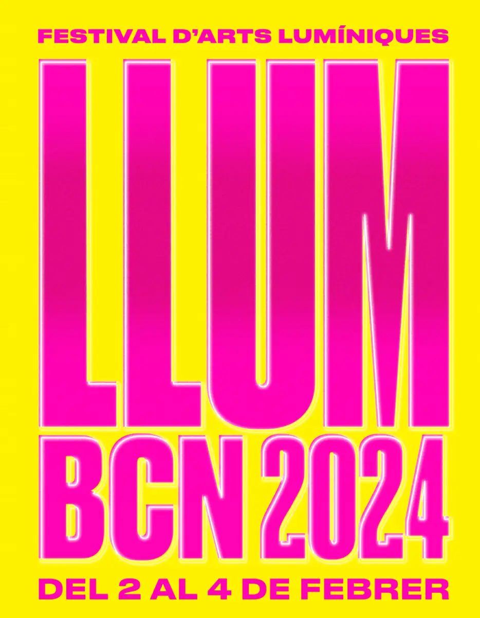 Cartel oficial del festival LLUM BCN 2024 con tipografía rosa sobre fondo amarillo