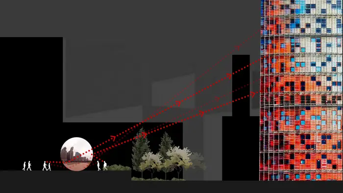 Render del proyecto de ESDI para LLUM BCN 2024 proyectado sobre la Torre Agbar de Barcelona