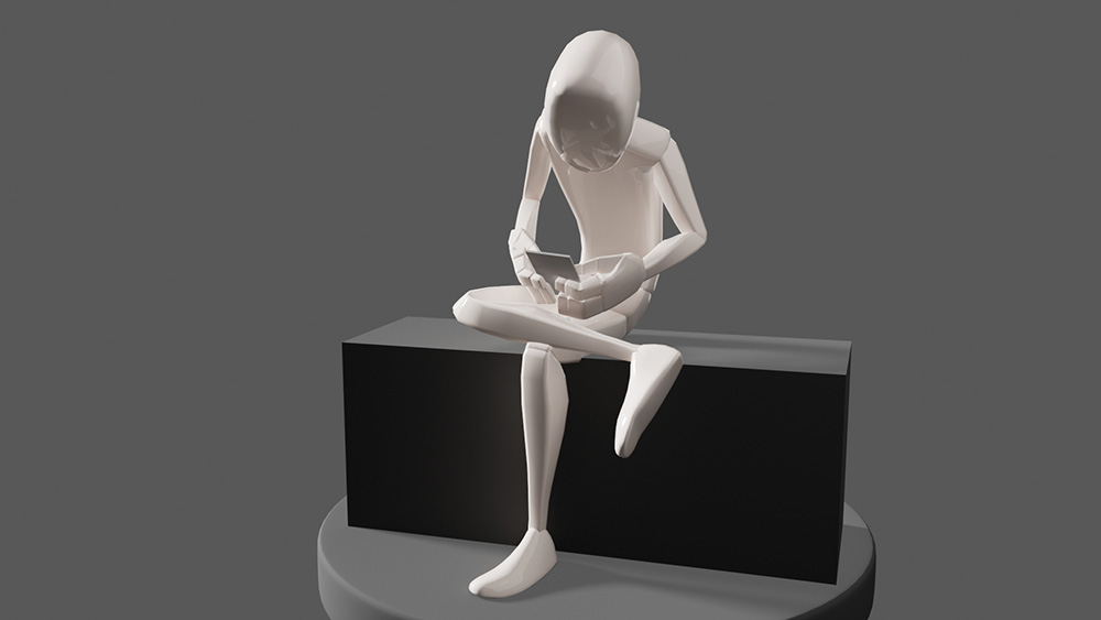 escultura digital en 3d de un personaje sentado creada por alumnos del ciclo formativo de animaciones 3d de esdi