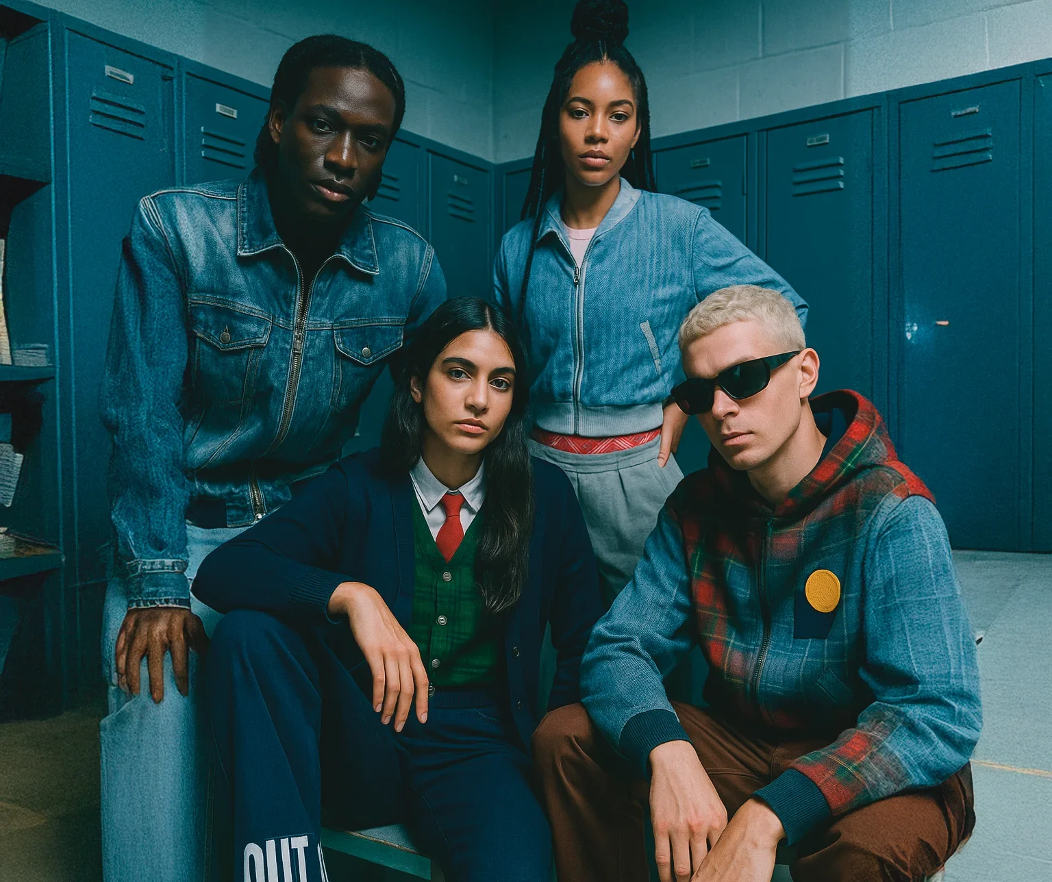 grupo de estudiantes vistiendo diseños de moda en entorno academico