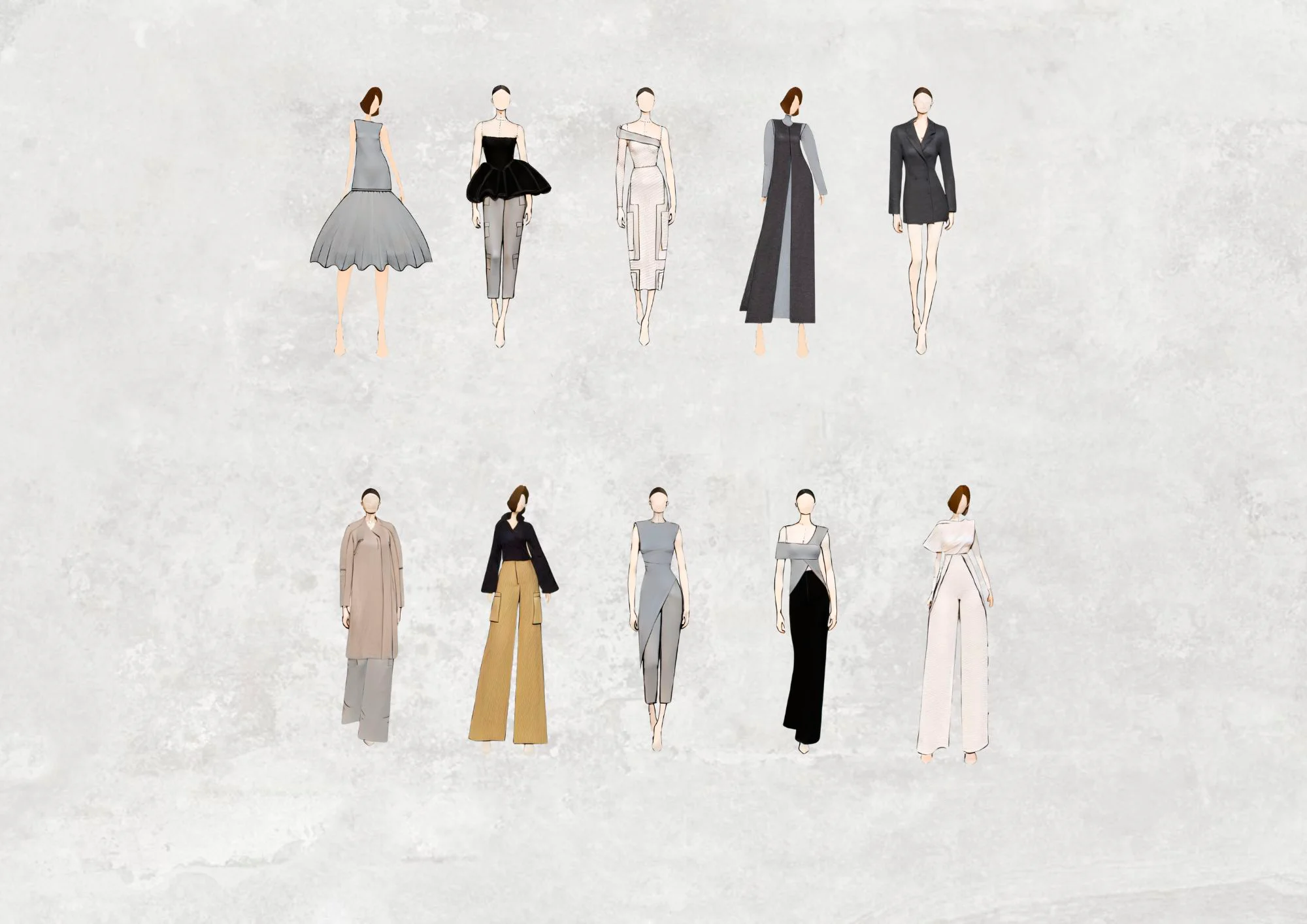 line up de ilustraciones de moda con diez looks disenados por estudiantes del cfgs en patronaje y moda de esdi