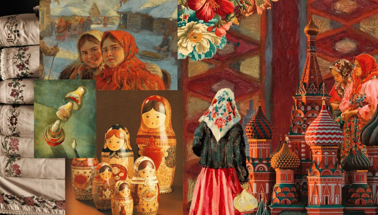 moodboard de inspiracion rusa con matrioshkas textiles y arquitectura tradicional para proyecto de moda en esdi