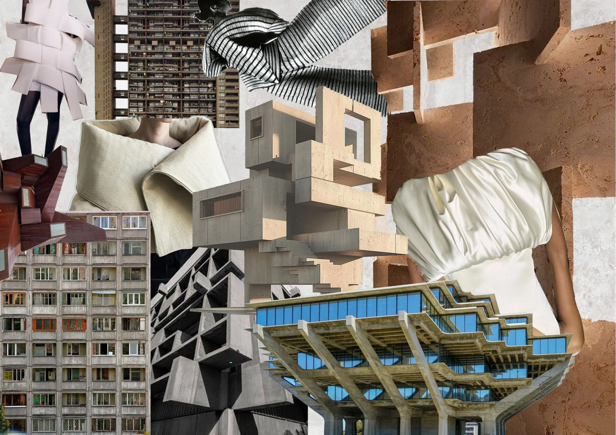 moodboard de inspiracion con arquitectura y tejidos para proyecto de moda