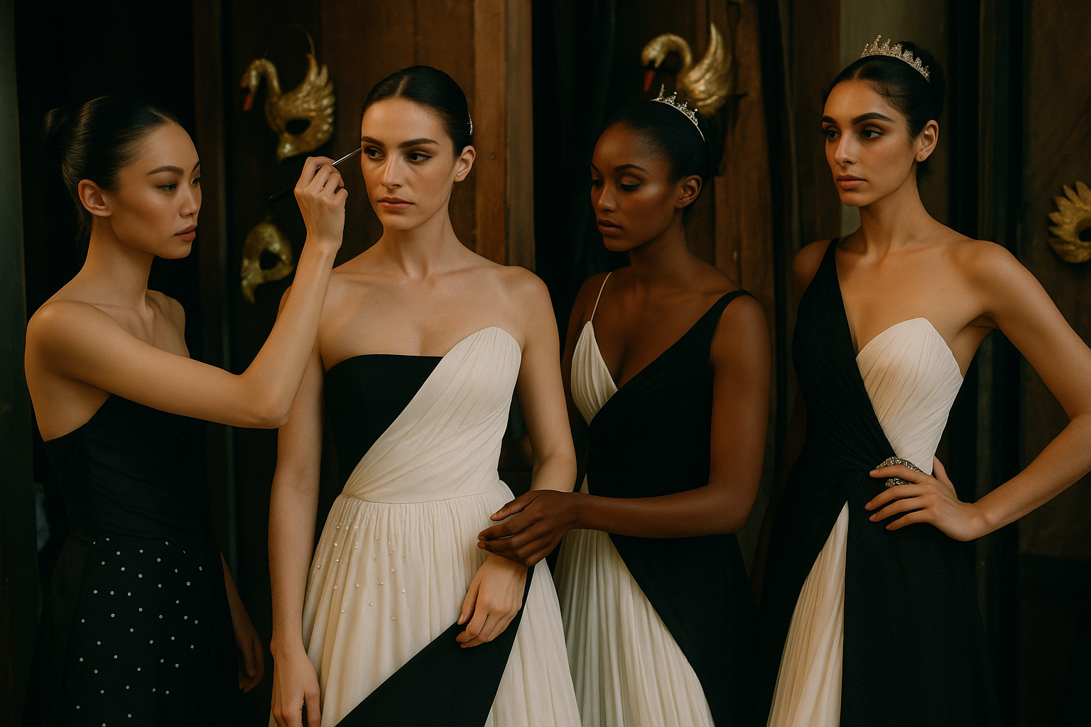 grupo de modelos con vestidos en blanco y negro en backstage de proyecto esdi