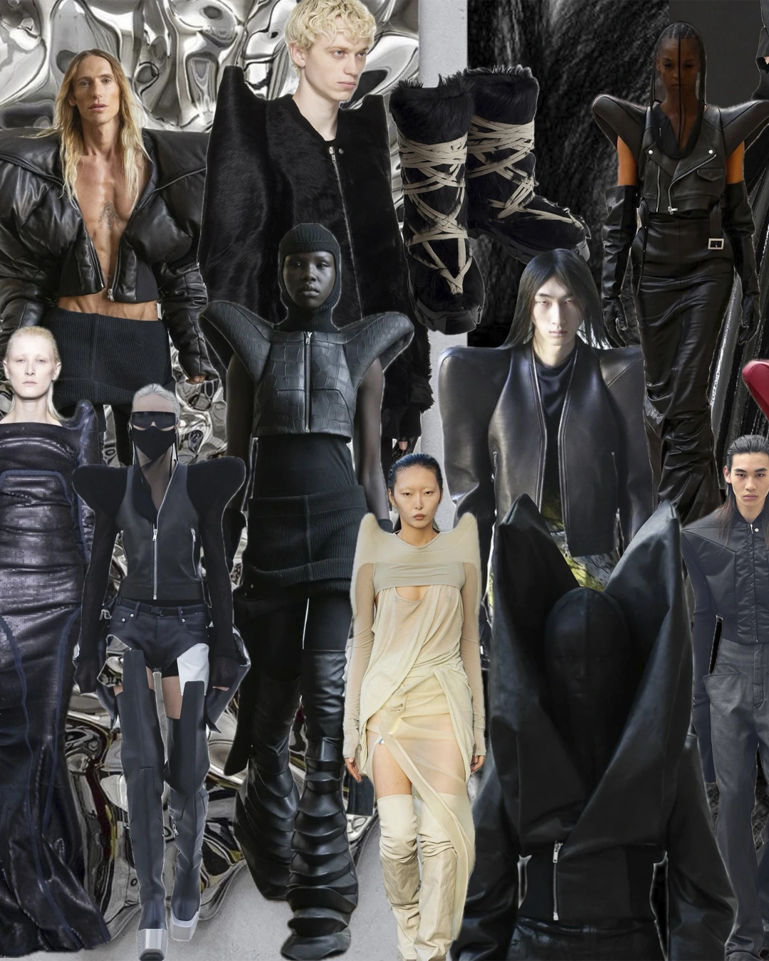 moodboard con referencias de moda y vestuario experimental en tonos oscuros