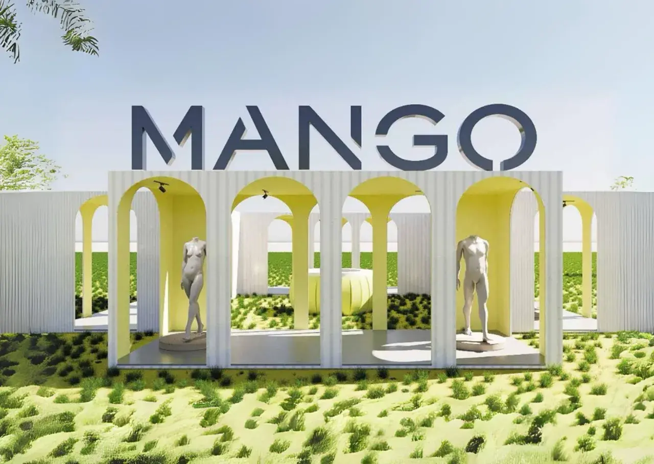 Espacio comercial conceptual para Mango con arcos y vegetación