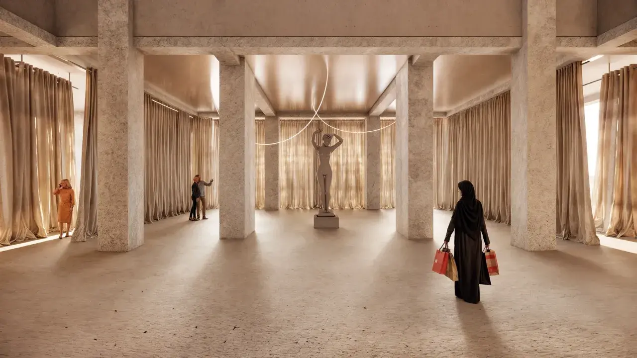 Galería interior con escultura central y cortinas doradas