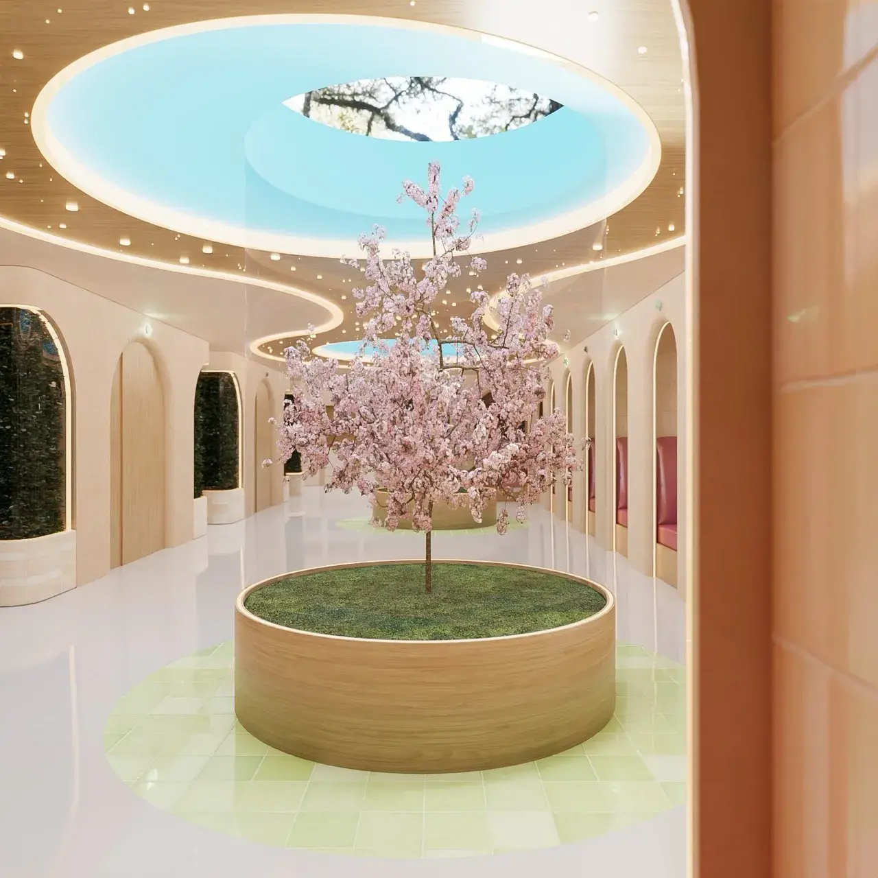 Espacio interior de bienestar con árbol central y luz natural