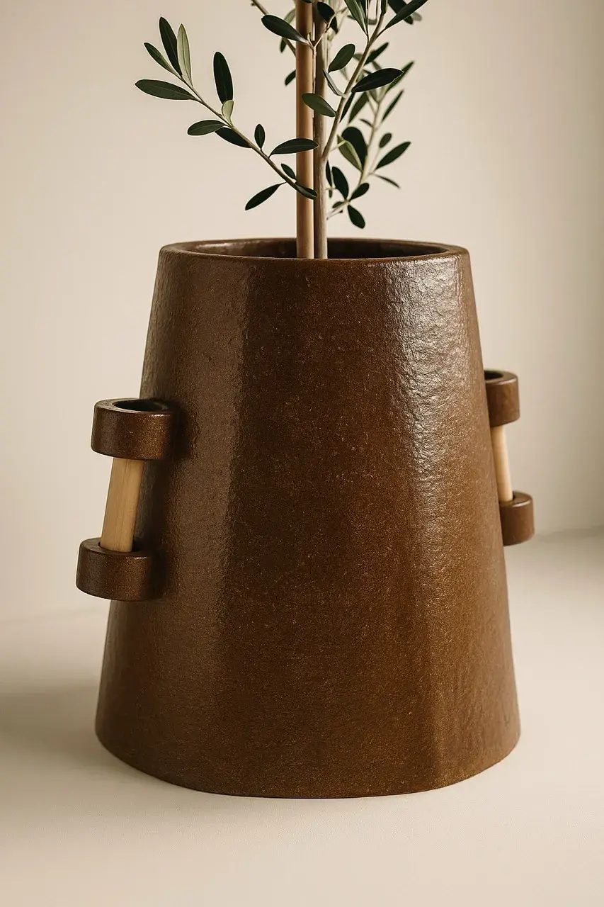 Maceta sostenible con asas de madera