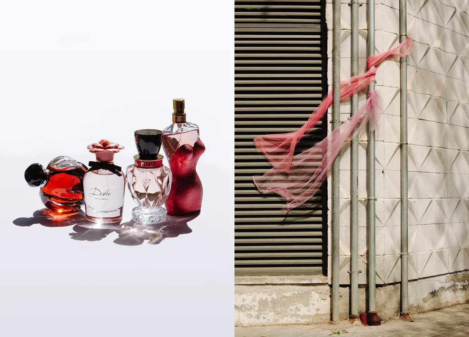 Fotografía artística de perfumes en alta luz combinada con texturas textiles.