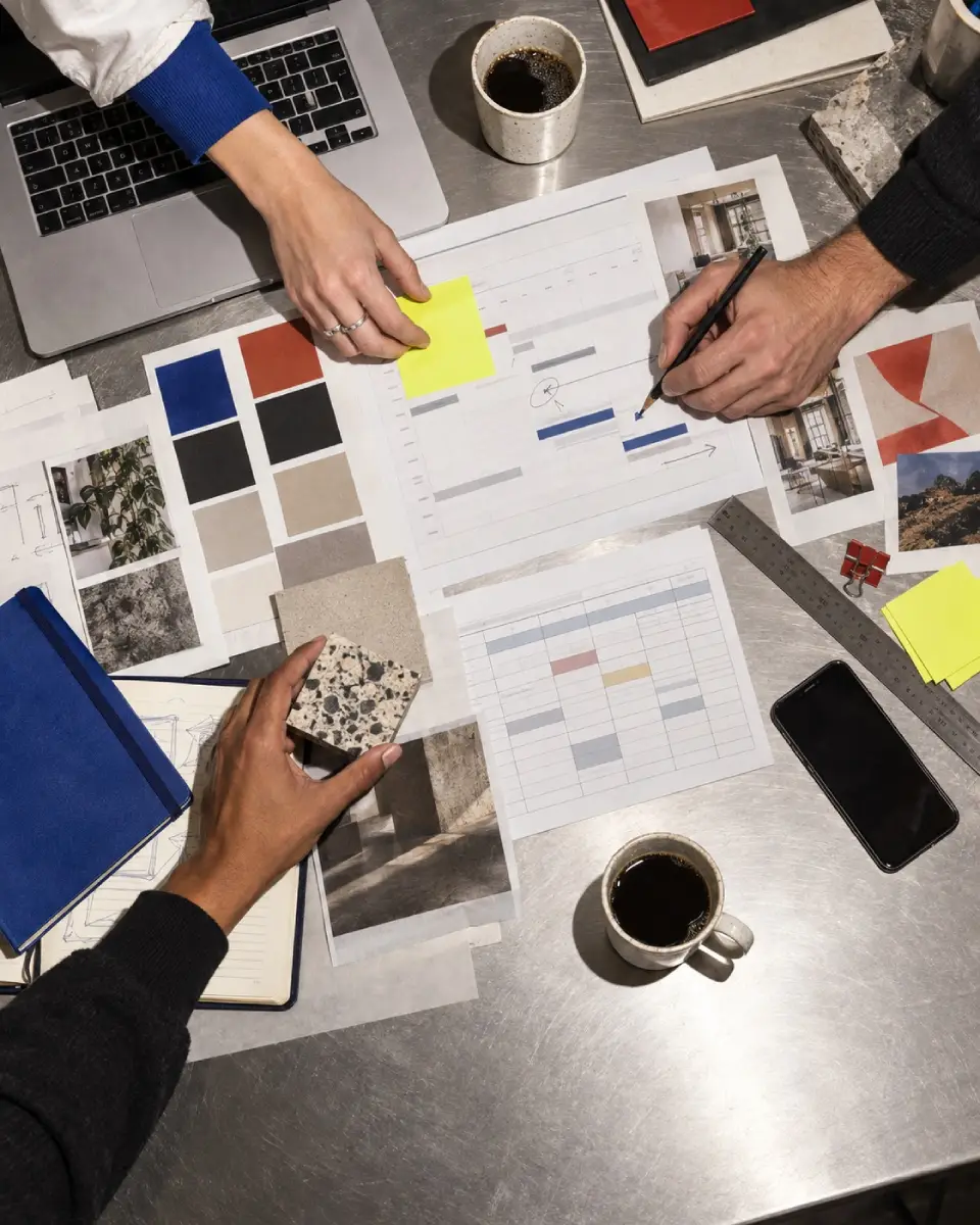 Mesa de trabajo con materiales, prototipos y herramientas digitales de un proyecto de diseño
