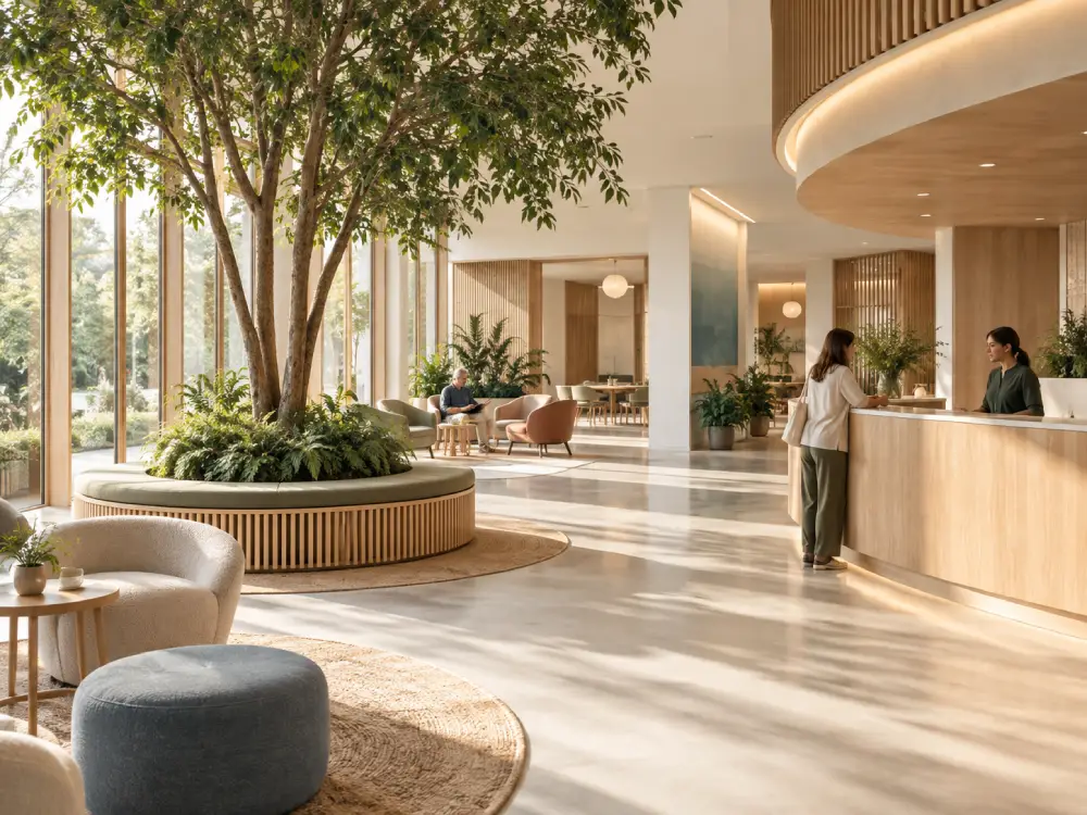 Diseño biofílico espacio interior con vegetación, luz natural y una zona de descanso del Máster en Diseño, Salud y Bienestar para Productos y Espacios de ESDI