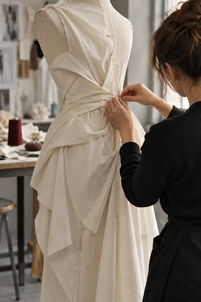 Prueba de un vestido para ajustar la prenda al cuerpo del máster en atelier de modistería de esdi sabadell en barcelona