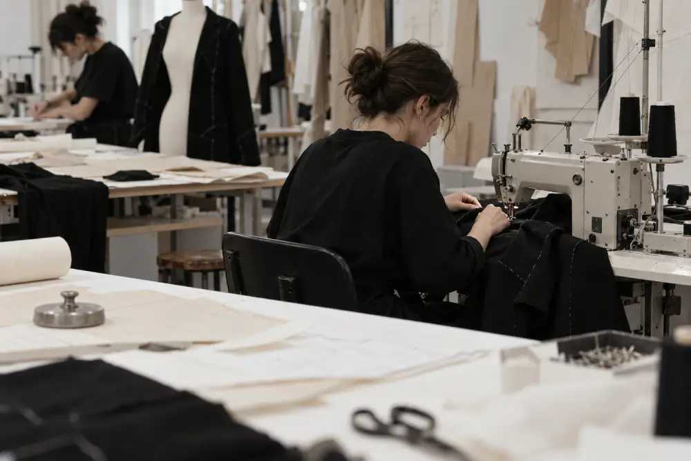 Vestido en proceso de confección junto a patrones y tejidos en un atelier de modistería.