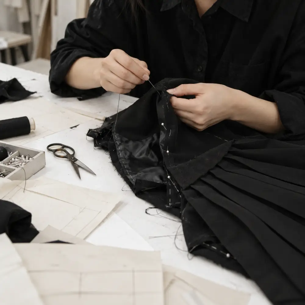Vestido en proceso de confección junto a patrones y tejidos en un atelier de modistería.